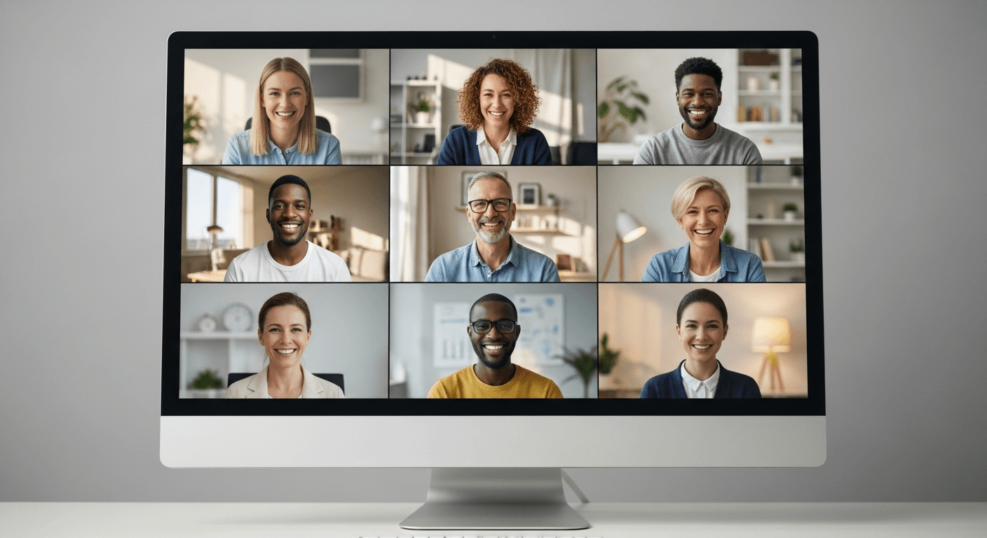 Diverse remote team collaborating during a video hiring process