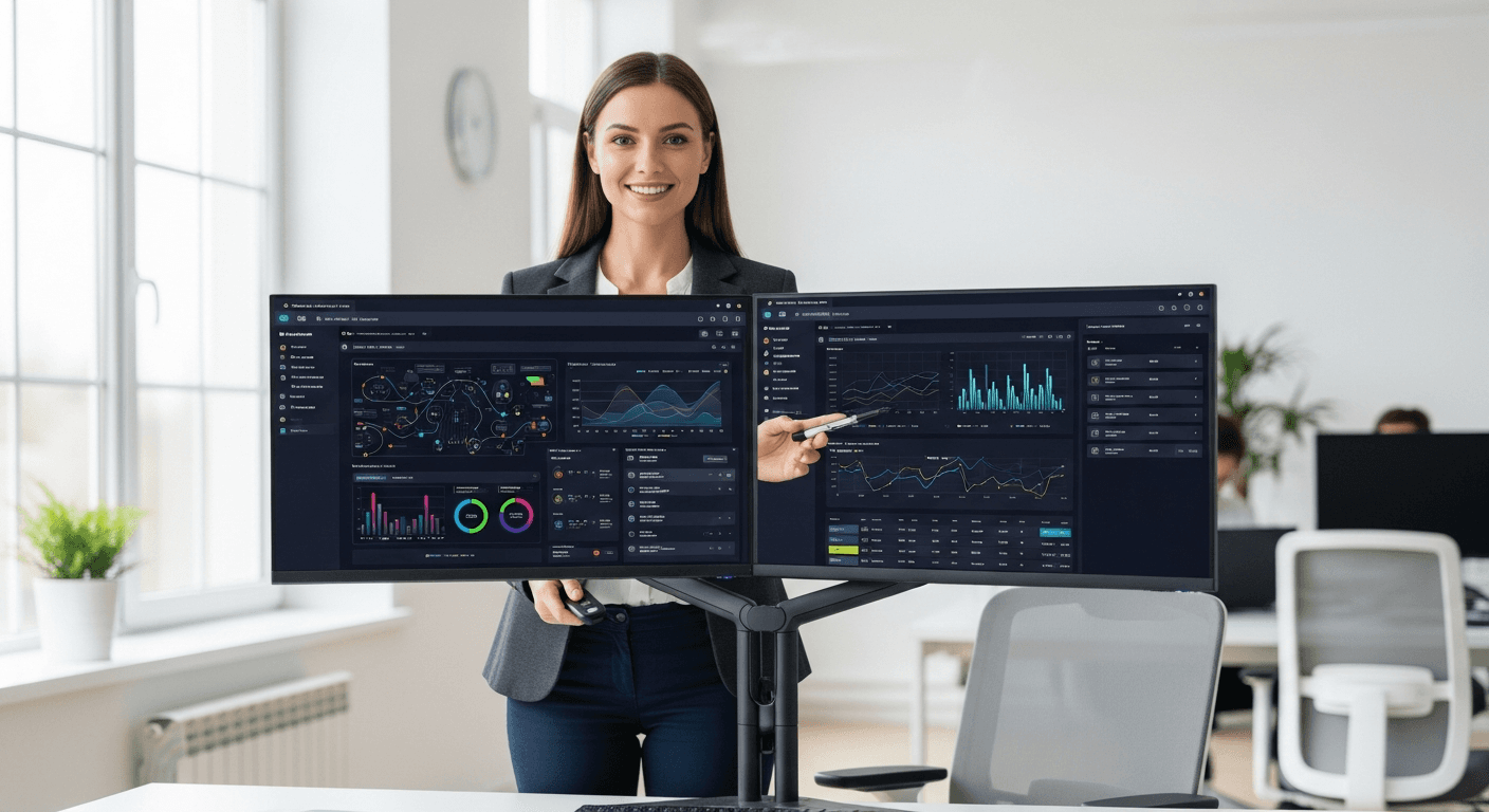Sales professional delivering a software demo on camera