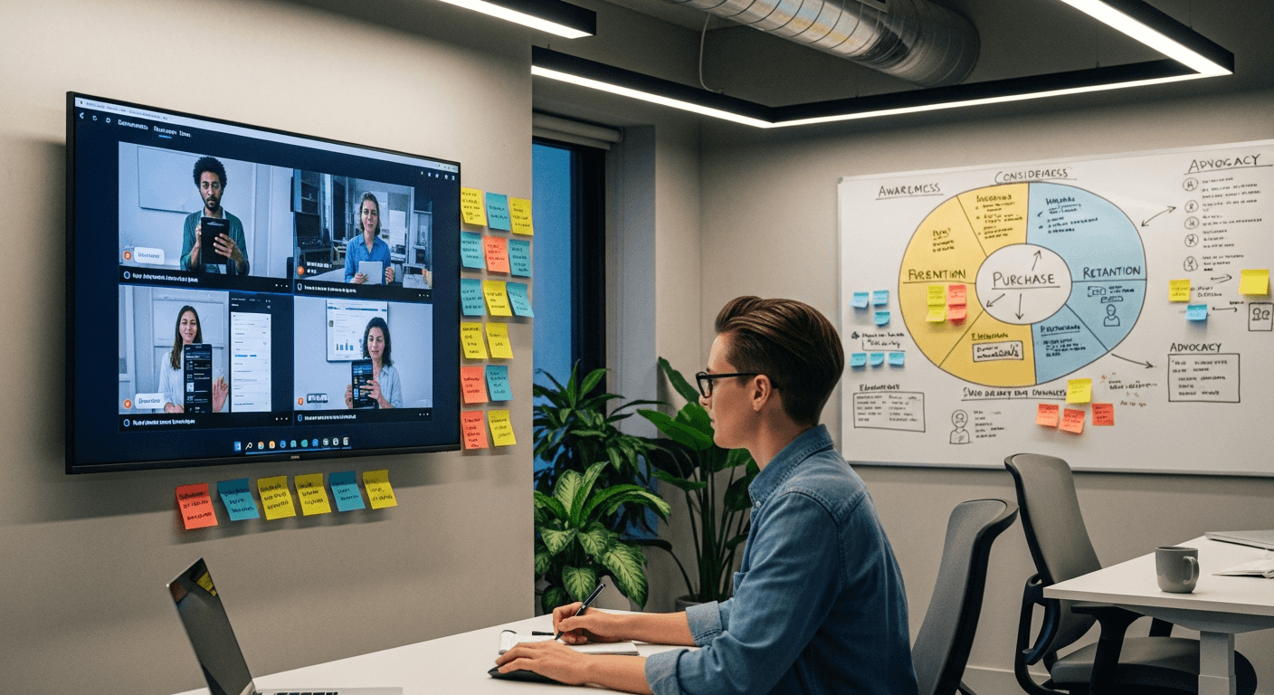 Product researcher analyzing user feedback videos and building user journey map